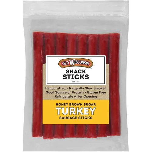 Old Wisconsin - Palitos de salchicha de pavo con miel y azúcar moreno ahumados naturalmente, listos para comer, alto contenido de proteínas, bajo en
