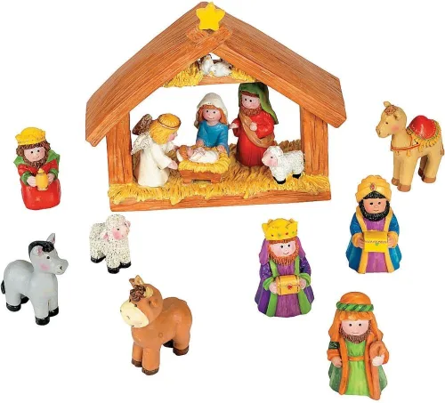 Fun Express Mini Juego de Belén de Navidad con Establo con Jesús María José Reyes Magos - 9 Piezas Rojo, Azul, Verde, Beige, Marrón