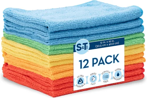 S&T INC. Paquete de 12 paños de limpieza de microfibra de 12 x 16 pulgadas, toallas de microfibra a granel para el hogar, toallas de microfibra
