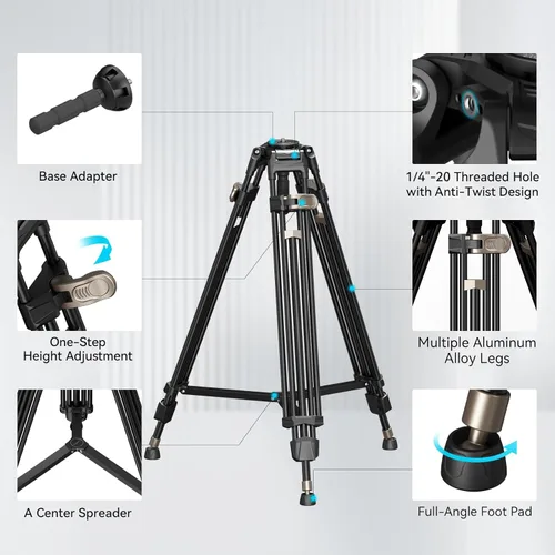 Vista 5 de SMALLRIG AD-80 FreeBlazer Trípode de aluminio resistente de aleación, trípode de video de 71 pulgadas con adaptador de cuenco de 75mm, ajuste