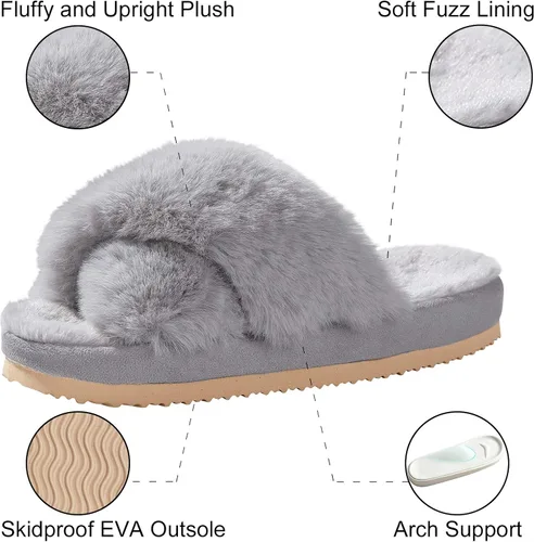 Vista 6 de Comwarm Pantuflas mullidas de banda cruzada para mujer, con puntera abierta, acogedoras, de felpa, para dormitorio, interiores y exteriores