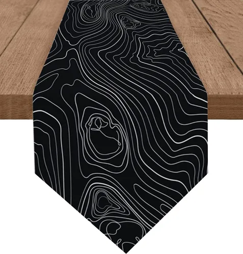Linen Table Runner-36Inch Long Mountain Geography Terrain Art Washable Burlap Table Runners Circular Geometric Line on Black Dining Dresser Scarfs