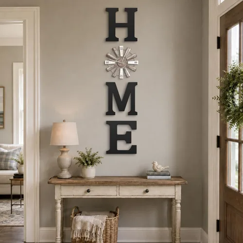 Vista 4 de Letreros de casa de campo con reloj de molino de viento, decoración de pared, letras rústicas para el hogar, arte de pared para sala de estar Negro
