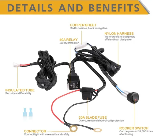 Vista 3 de Arnés de cableado de 1 cable, Rfroad Lighting Kit de arnés de cableado resistente de 12V con interruptor de balancín de nylon para barra de luz LED