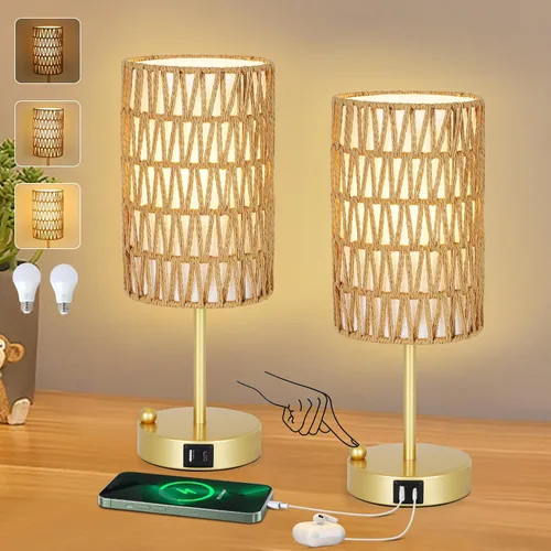 Vista 12 de Juego de 2 lámparas de mesa de noche de ratán, lámparas bohemias con 3 temperaturas de color y puerto USB de CA, lámpara de mesa con cadena