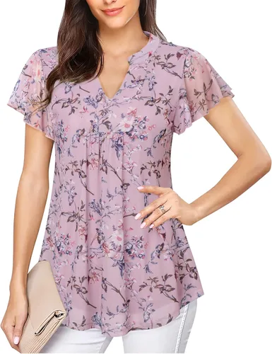 Vista 2 de Youtalia Blusa casual de manga corta para mujer, cuello en V, con muesca, estampado floral, blusas elegantes