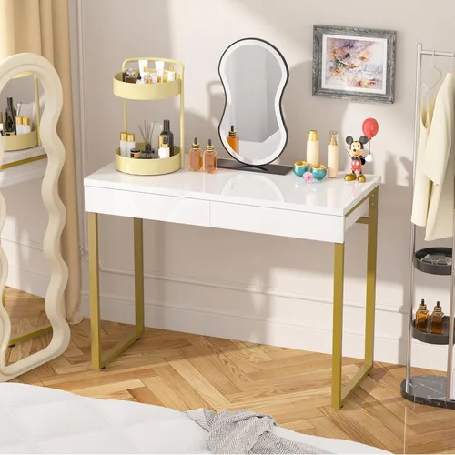 Vista 9 de GreenForest Vanity Desk with 2 Drawers,47 inch White Desk with Glossy Desktop Easy Clean,Makeup Dressing Table with Metal Gold Legs for Home Office