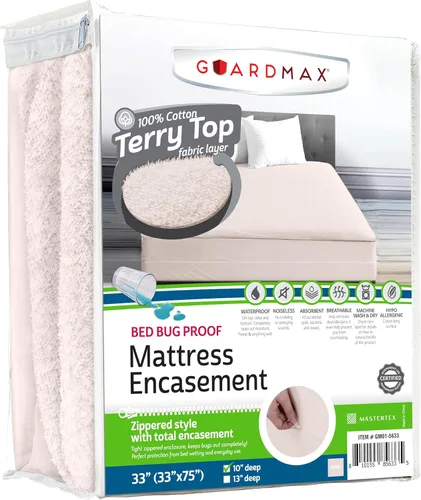 Vista 24 de Guardmax Funda de colchón individual con cremallera, protector de colchón 100% impermeable, suave y absorbente de algodón de rizo superior