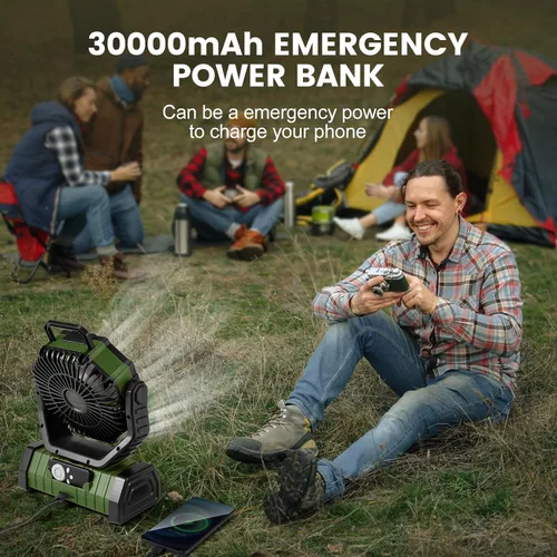 Vista 5 de Odoland Ventilador de camping de 30000 mAh con linterna LED, recargable, funciona con batería, oscilante con control remoto y gancho, ventilador