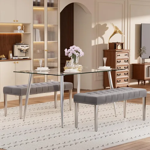 Vista 63 de Baysitone Juego de mesa de comedor de cristal de 51 pulgadas para 4, juego de 5 piezas de comedor moderno, mesa de cocina rectangular de vidrio