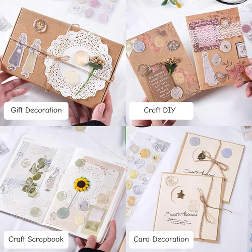 Vista 7 de Calcomanías de sello de cera ámbar transparente, 54 piezas de sellos de sobres con temática floral, calcomanías adhesivas para Navidad, invitaciones