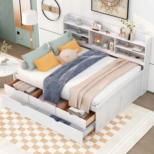 Vista 126 de Quarte Elegante cama de plataforma con estanterías en forma de L, cama de plataforma de madera tamaño individual con 2 cajones de almacenamiento