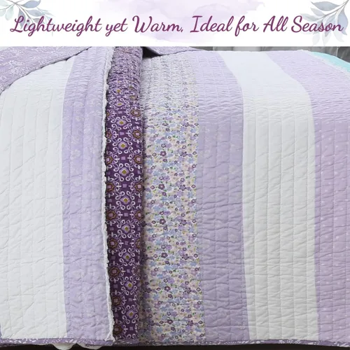 Vista 6 de Cozy Line Home Fashions Purple Cosmos Spring Floral Stripe Garden Lavender Teal & White Ruffle Cotton Reversible Juego de ropa de cama