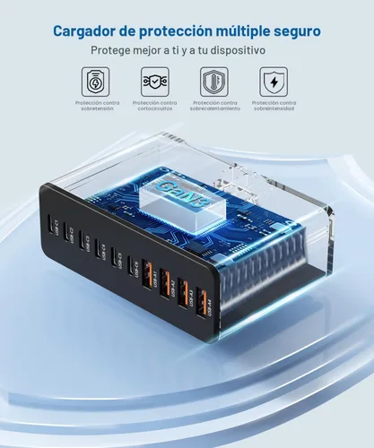 Vista 5 de Estación de carga USB C de 10 puertos con 4 cables USB, bloque de cargador GaN tipo C de 200W, adaptador de enchufe de regleta de alimentación