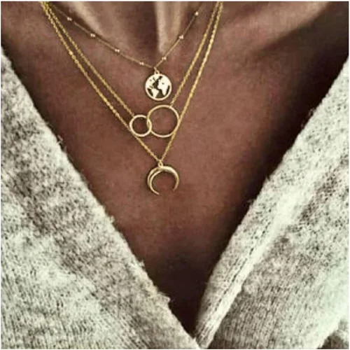 Vista 2 de Edary - Collar estilo bohemio escalonado con dije de luna y mapa, joyas para mujeres y niñas