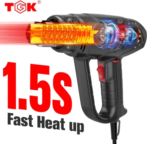 Vista 3 de Pistola de calor, TGK® Kit de pistola de aire caliente resistente de 1800 W, 122 ℉ ~ 1202 ℉ con ajustes de temperatura dual con 3 accesorios