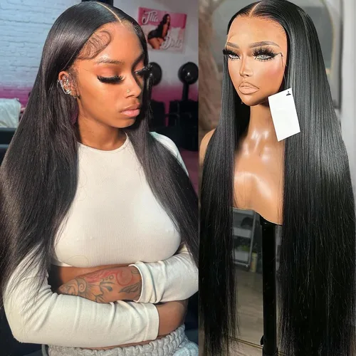 Vista 15 de VIPbeauty Pelucas de cabello humano lacio con encaje frontal de 13 x 4 de densidad del 200 %, nudo blanqueador, corte romo, pelucas de cabello