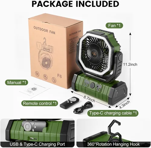 Vista 7 de Odoland Ventilador de camping de 30000 mAh con linterna LED, recargable, funciona con batería, oscilante con control remoto y gancho, ventilador