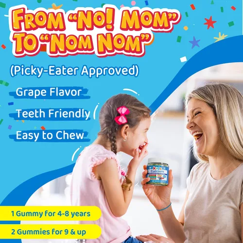 Vista 6 de Gomitas de calcio para niños + vitamina D3 K2, magnesio, zinc, suplemento de calcio de algas de absorción extra para niños, suave para estómago