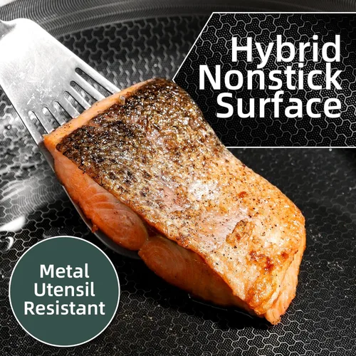 Vista 5 de DELUXE Sartén de cerámica híbrida antiadherente de 5 cuartos de galón con tapa, sartén de acero inoxidable con asas que se mantienen frías, apta
