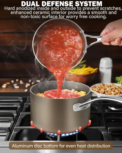 Vista 5 de Cooks Standard Cacerola de 2 cuartos de galón de cerámica anodizada dura antiadherente con tapa de vidrio, olla clásica pequeña para salsa