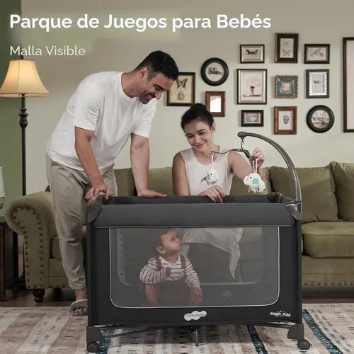 Vista 5 de Pamo Babe Magic Fold Pack and Play con moisés, juego de 1 paso, juego de corrales plegables para bebé con cambiador, corralito portátil con puerta