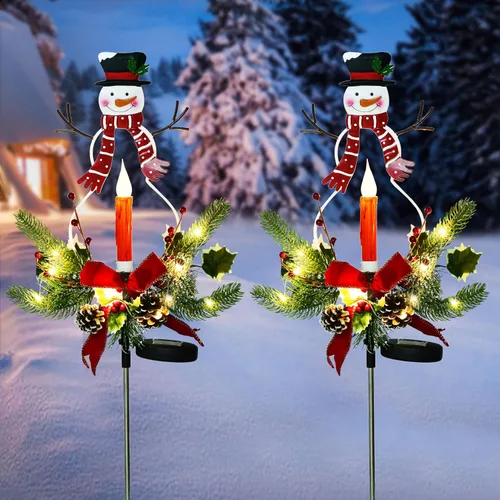 Juego de 2 luces solares de Navidad para exteriores en liquidación, vela LED, muñeco de nieve con piñas de pino sintéticas, detalles de follaje