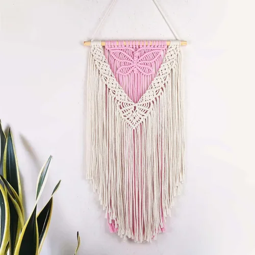 Vista 18 de LB Colgante de pared de macramé rosa, decoración de pared de macramé bohemio, borla rosa y beige, bohemio, tejido a mano, macramé, decoración