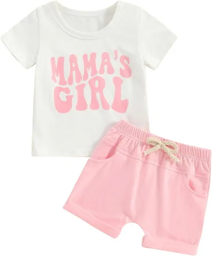Pivanzore Trajes de verano para niña pequeña, camiseta con letras para bebé, camiseta para niña, pantalones cortos para bebé, 2 piezas, ropa para