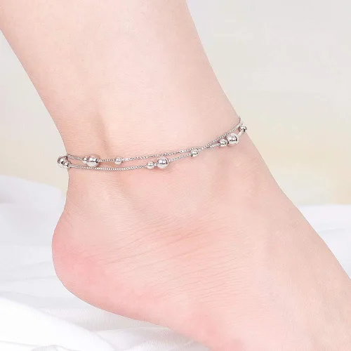 Vista 2 de H&Beautimer Tobillera simple de moda para mujer de plata de ley 925 ajustable con cuentas de pie y pulsera de tobillo de playa, tobilleras, regalo