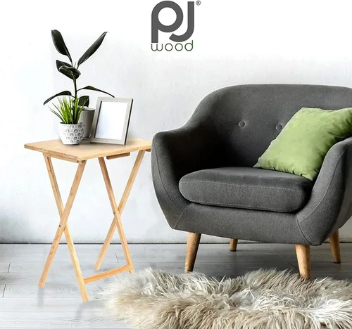 Vista 2 de PJ Wood Mesa rectangular plegable portátil para servir aperitivos, construcción de madera maciza con acabado natural (juego de 4 piezas)