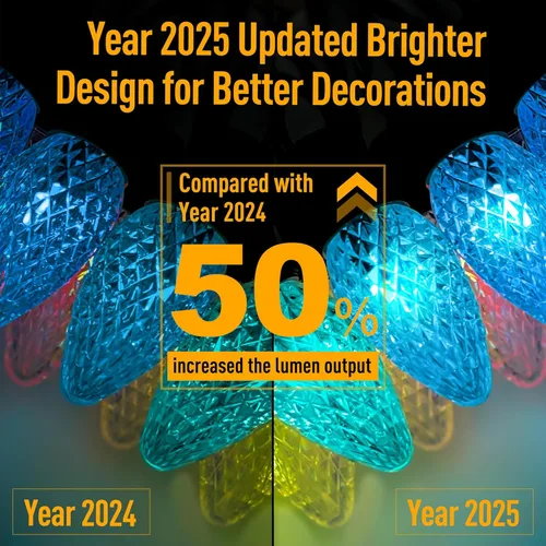 Vista 7 de Luces de Navidad inteligentes C9 para exteriores, 134 pies, 150 LED, control por aplicación, 105 modos preestablecidos, sincronización con música