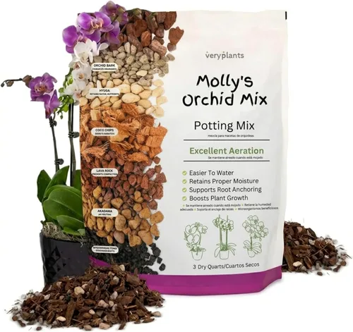 Mezcla para maceta de orquídea Molly - Mezcla premium sin tierra para orquídeas granulada - Suelo con alto drenaje y textura grumosa vs suelo de