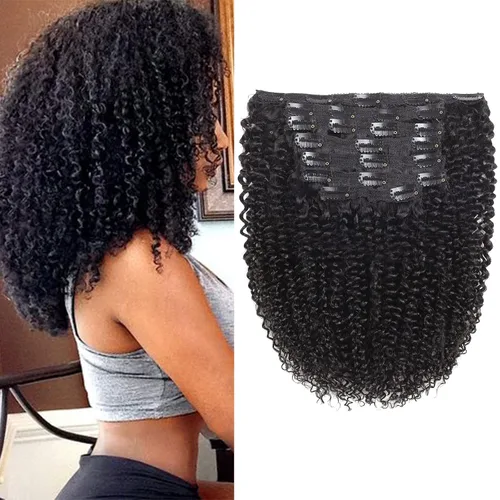 Vista 9 de Extensiones de cabello rizado kinky con clip para mujeres negras 14 pulgadas 2# marrón oscuro extensiones de cabello rizado con clip cabello humano