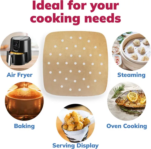 Vista 3 de Reli. Forros de papel pergamino para freidora de aire (400 piezas) marrón Hojas desechables cuadradas de 8.5 pulgadas Papel pergamino