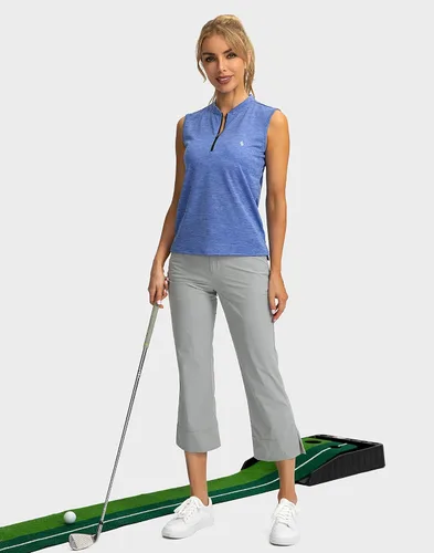 Vista 4 de SANTINY Camiseta de golf sin mangas para mujer, con cremallera, ligera, de secado rápido, camiseta polo para mujer
