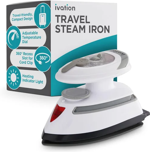 Vista 3 de Ivation Plancha de vapor de viaje Mini plancha seca de doble voltaje y vaporizador de ropa con suela antiadherente, control de temperatura y luz
