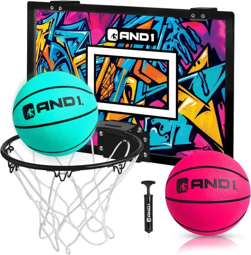 Vista 8 de Mini aro de baloncesto para puerta AND1: tablero antirroturas de 18x12, 2 mini balones de baloncesto y bomba manual incluida - Accesorio