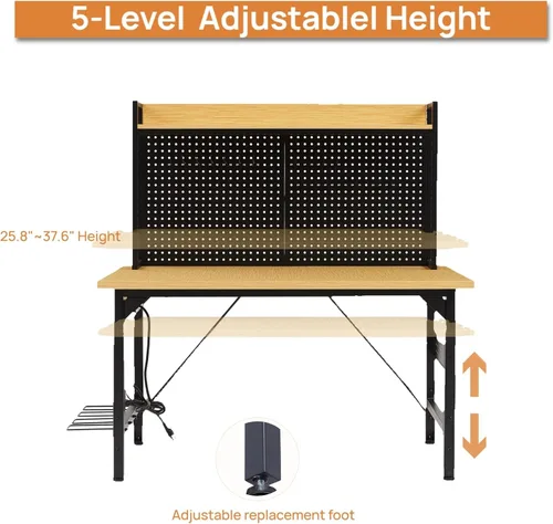Vista 4 de Banco de trabajo de altura ajustable resistente de 48 pulgadas con tablero de clavijas, banco de trabajo de madera de capacidad de 2000 libras