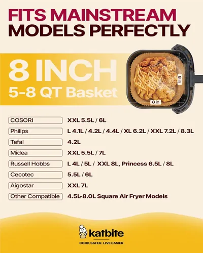 Vista 5 de Katbite Forros desechables para freidora de aire – Forros cuadrados antiadherentes de papel para freidora de aire de 8 pulgadas, papel pergamino sin