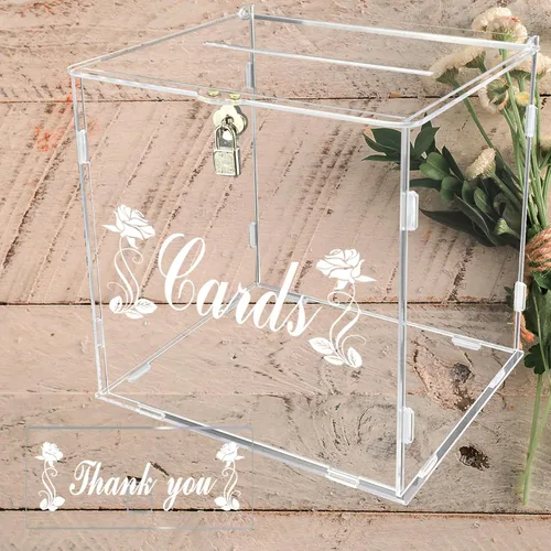 Vista 3 de Caja de tarjetas de boda con cerradura, cajas de tarjetas transparentes de acrílico para recepción de boda, soporte de dinero con letrero