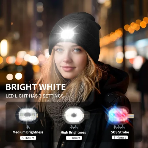 Vista 2 de Gorro de punto con luz incorporada, recargable, con luz LED, suave, de acrílico, para hombre y mujer, regalo