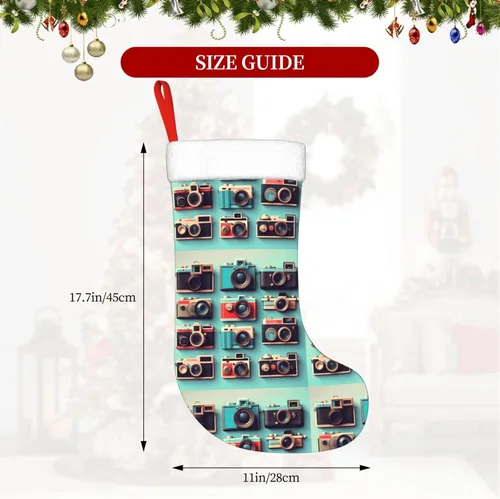 Vista 4 de Retro Cool Camera Collection Print Christmas Stocking, Christmas Tree Decor Stocking, Flannel Cuff With Hanging Ribbonâ€‹