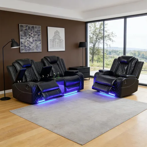 Vista 41 de Juego de sofá reclinable eléctrico para sala de estar, juego de sofá reclinable de pana con luces LED, puertos USB, almacenamiento oculto, juego