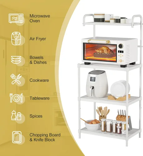 Vista 7 de MEDIMALL Estante para panaderos para cocina con almacenamiento, soporte de microondas de 4 niveles, estante de almacenamiento para carrito de Blanco