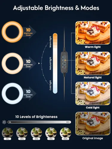 Vista 4 de Anillo de luz para selfie con soporte y soporte para teléfono, soporte de teléfono superior con luces de anillo de 10.5 pulgadas, círculo de Negro
