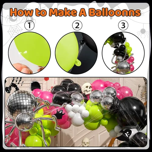 Vista 8 de Kit de arco de globos de Halloween, kit de guirnalda de globos de color negro, verde, rosa intenso, con globo de araña de discoteca 4D, globos blanco