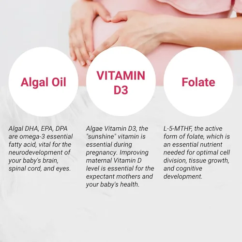 Vista 3 de Naturalis Vegano Prenatal con Especro Completo Omega-3 Algas DHA, EPA, DPA, vitamina D3 y folato activo L 5-MTHF Certificado de la sociedad