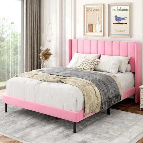 Vista 9 de Base de cama tamaño Queen con cabecera tapizada con respaldo de ala, plataforma de fácil montaje, soporte de listones de madera, no necesita somier