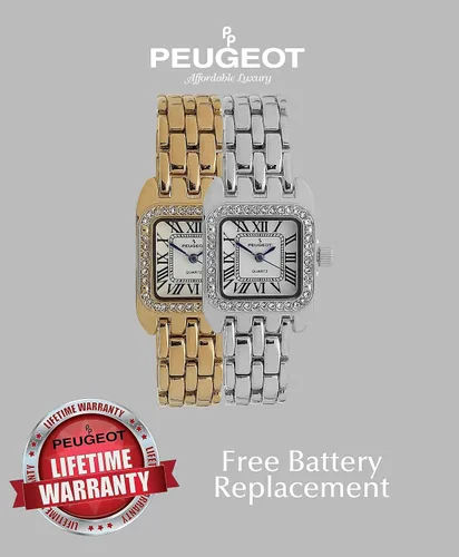 Vista 5 de Peugeot - Reloj con forma de tanque para mujer con pulsera de eslabones de pantera reloj de vestir con bisel de cristal y esfera de números romanos